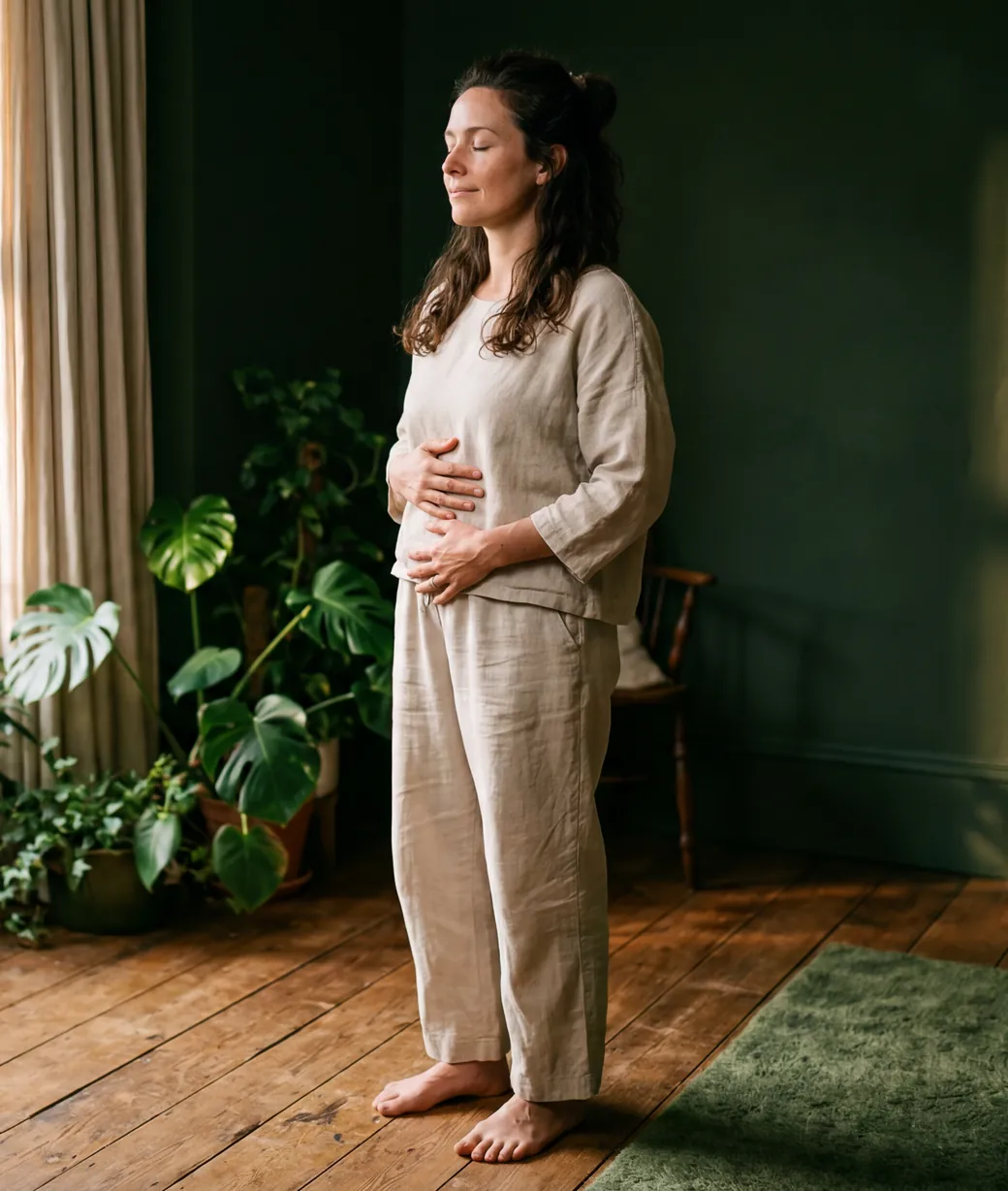 Mulher de pé numa sala com plantas, de olhos fechados e com as mãos pousadas na barriga