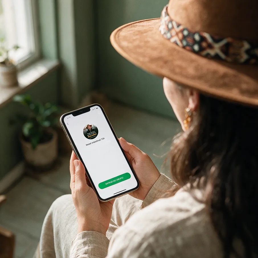 Catarina a abrir o convite do grupo privado de WhatsApp no telemóvel